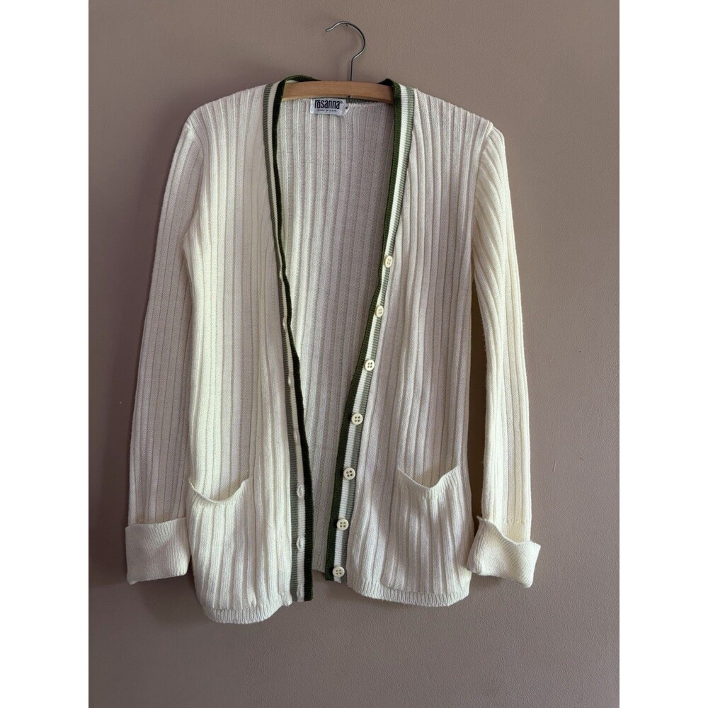 Vintage Rosanna Cream Knit Cardigan Sweater Varsity‎ Green Vneck Medium Preppy